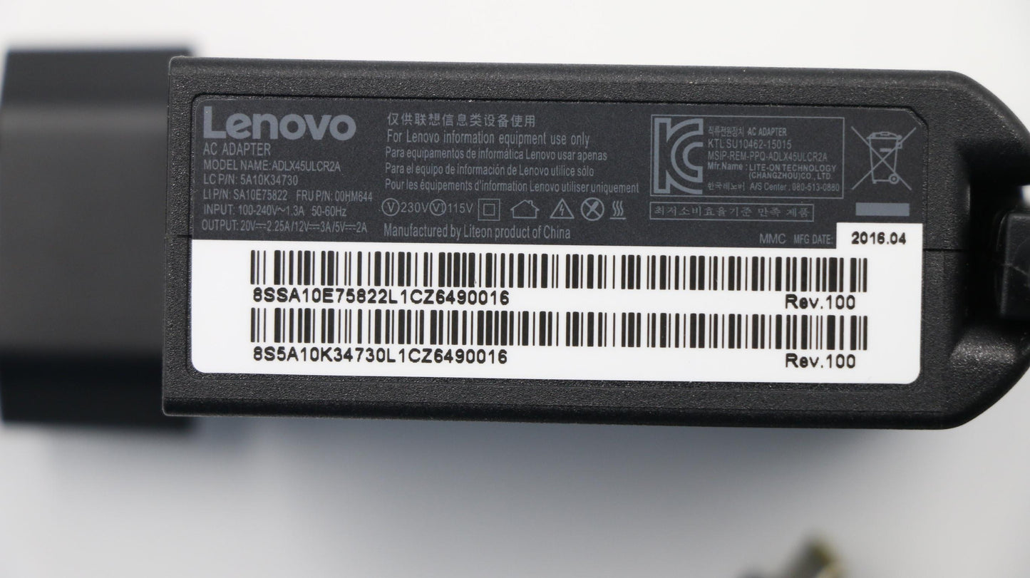 Lenovo 45W AC Adapter, Type-C, 2-Prong, Black - 00HM644