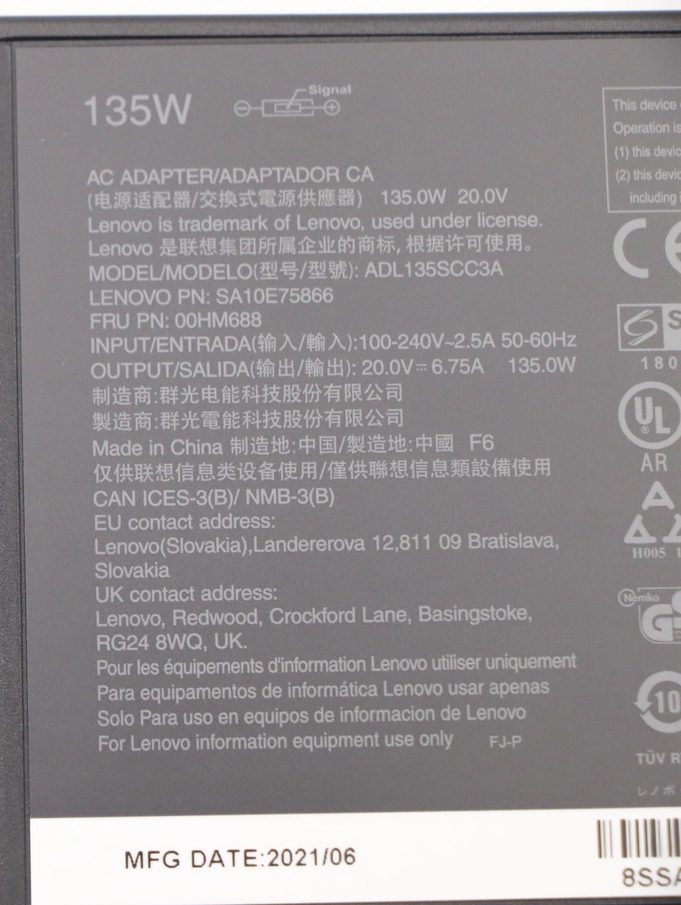 Lenovo - AC Adapter, Rectangle, 135W, 3-Prong, Black - 00HM688