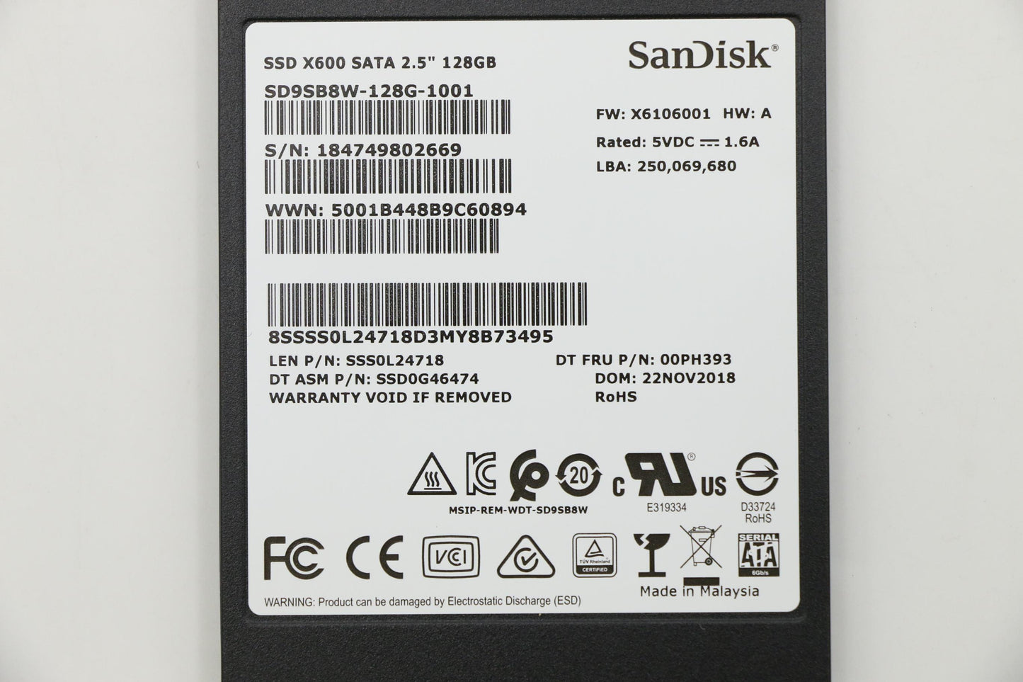 Lenovo 128GB SSD, 2.5", 7mm, SATA, SanDisk - 00PH393