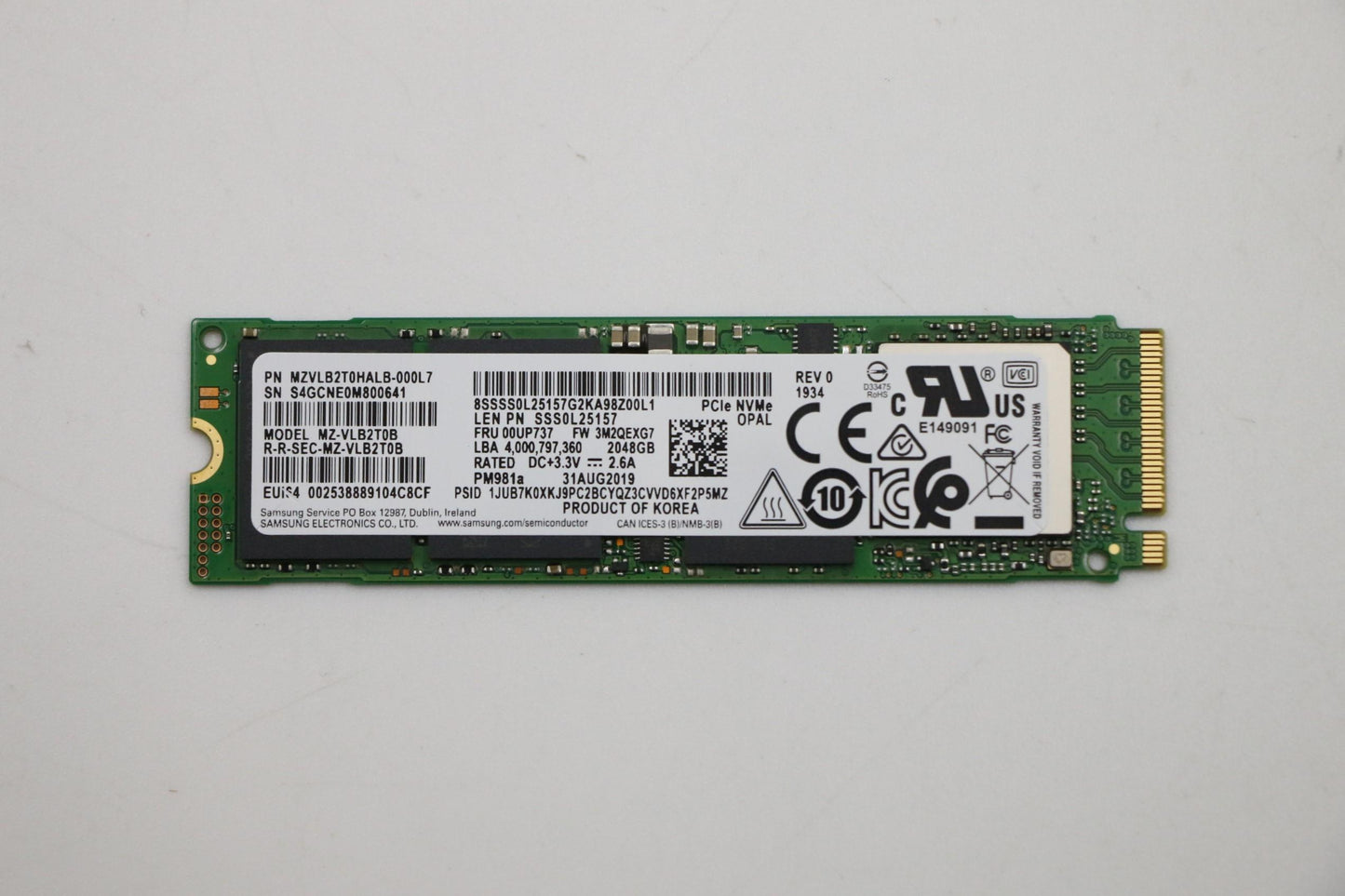 Lenovo SSD, 2TB, M.2, 2280, PCIe3X4, OPAL, Samsung - 00UP737