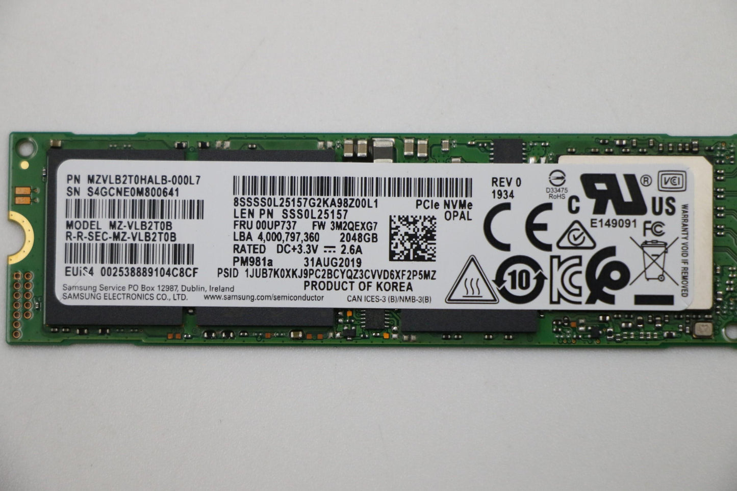 Lenovo SSD, 2TB, M.2, 2280, PCIe3X4, OPAL, Samsung - 00UP737
