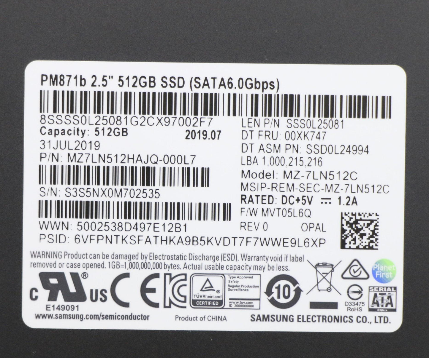 Lenovo 512G 257Mmsata6Gsamopal - 00XK747