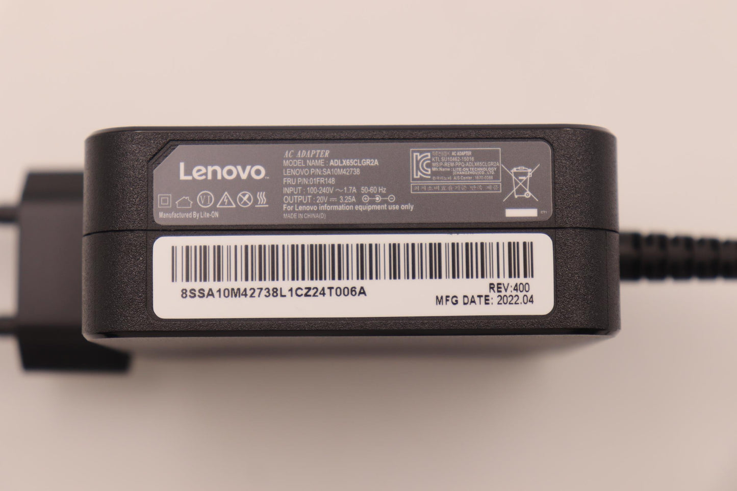 Lenovo 65W Circular AC Adapter, 2-Prong, COO, Black - 01FR148