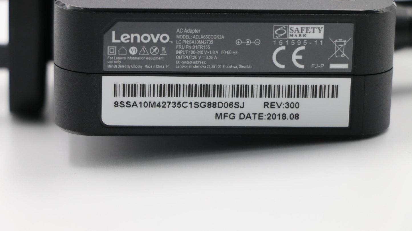 Lenovo 65W AC Adapter, Round Connector, 3-Pin, Black - 01FR155