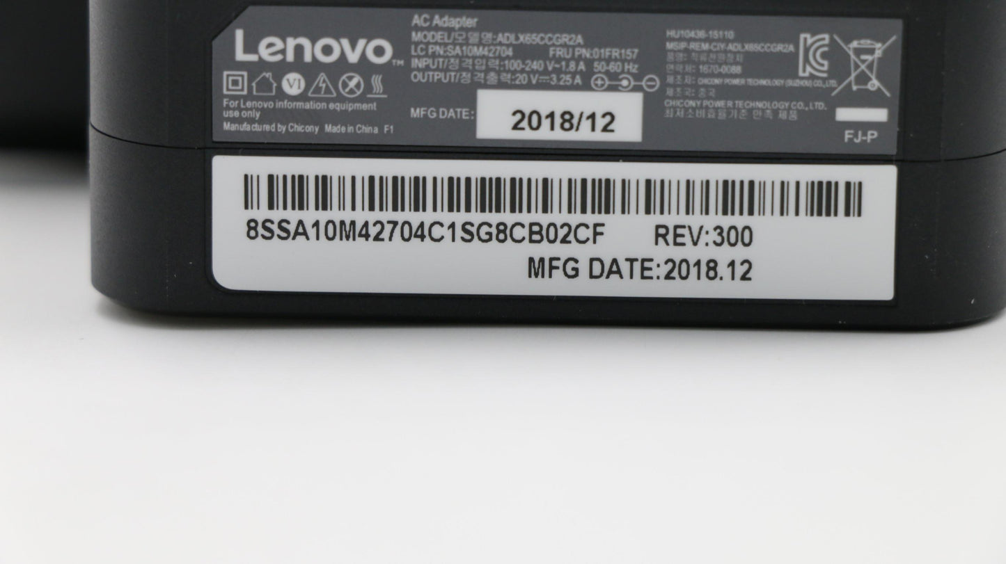 Lenovo - AC_ADAPTER, Round, 65W, 2P, COO, Black - 01FR157
