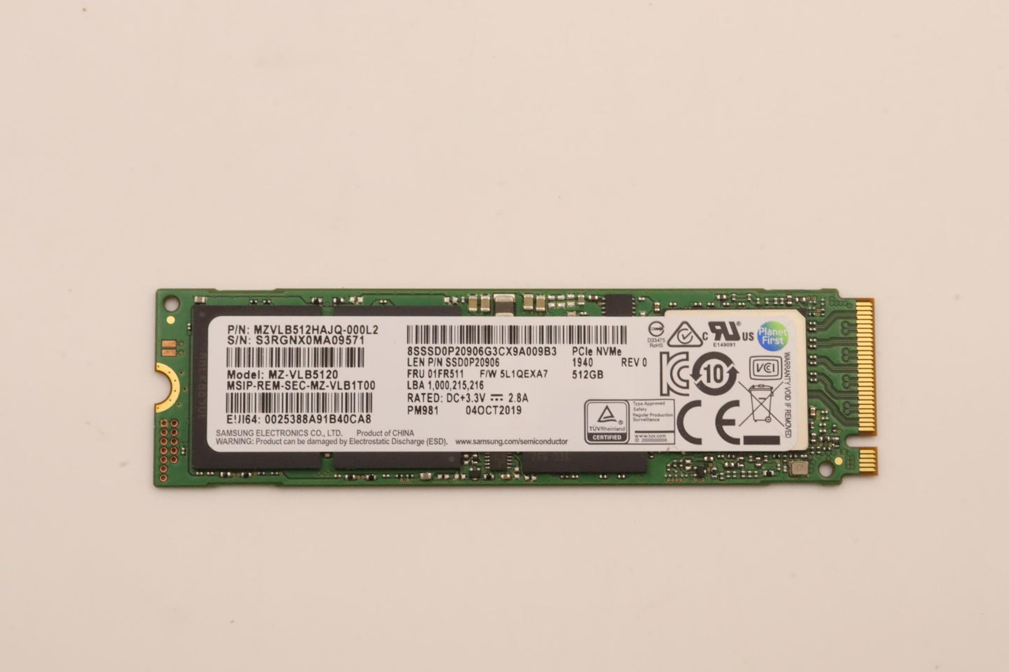 Lenovo 512GB M.2 SSD, 2280, PCIe 3.0 x4, Samsung - 01FR511