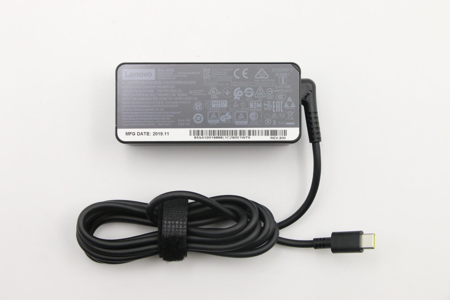 Lenovo Type-C AC Adapter, 45W, 3-Prong, Black - 02DL120