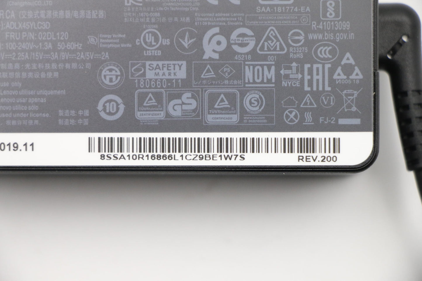 Lenovo Type-C AC Adapter, 45W, 3-Prong, Black - 02DL120