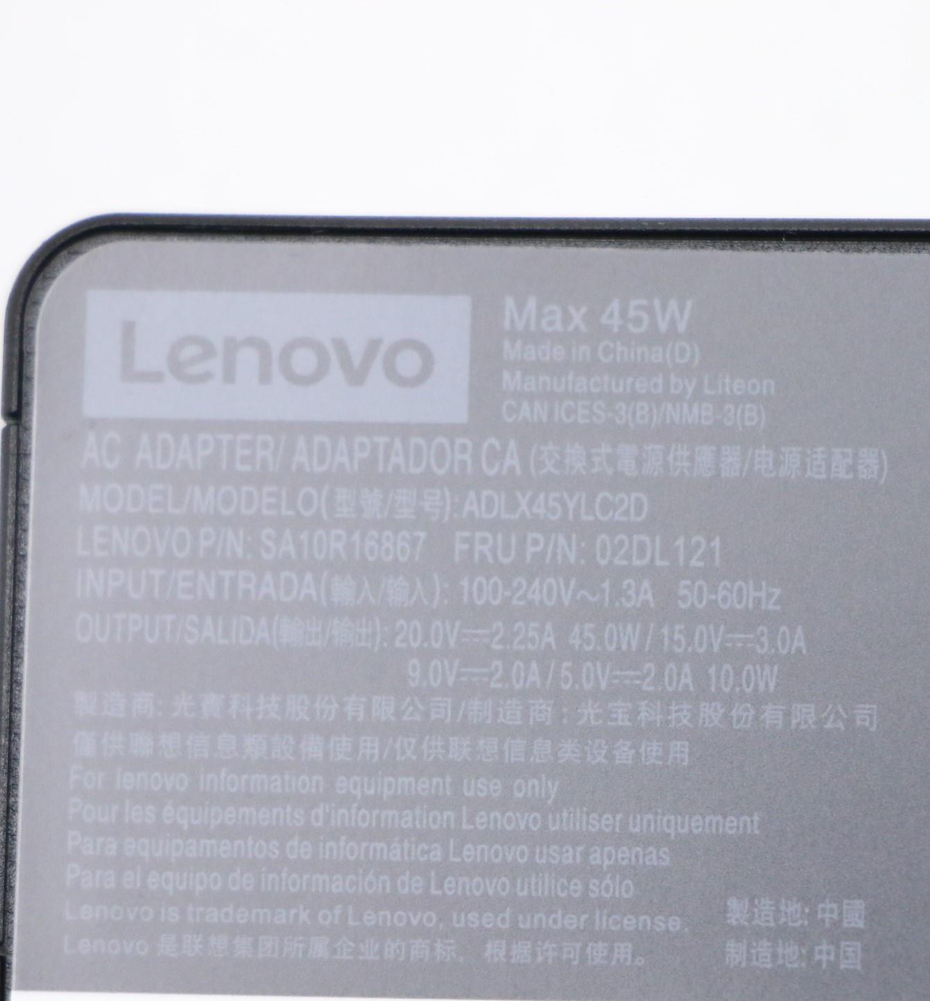 Lenovo 45W USB-C Power Adapter, 2-Prong, Black - 02DL121