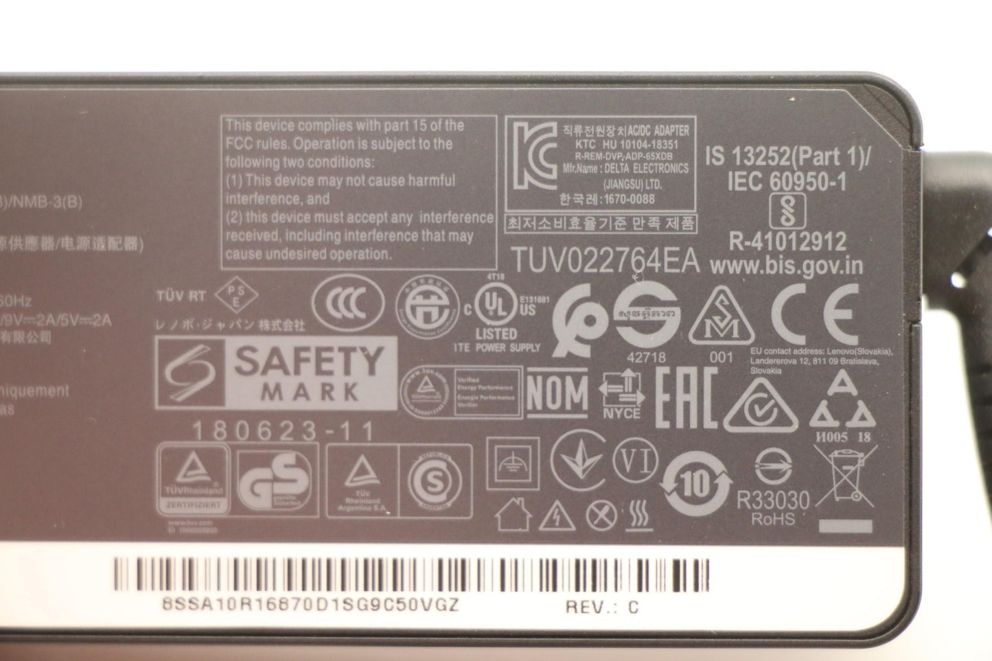 Lenovo 65W Type-C AC Adapter, 3-Prong, Black - 02DL124