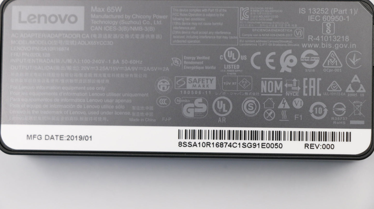Lenovo 65W USB-C Power Adapter, 3-Prong, Black - 02DL128
