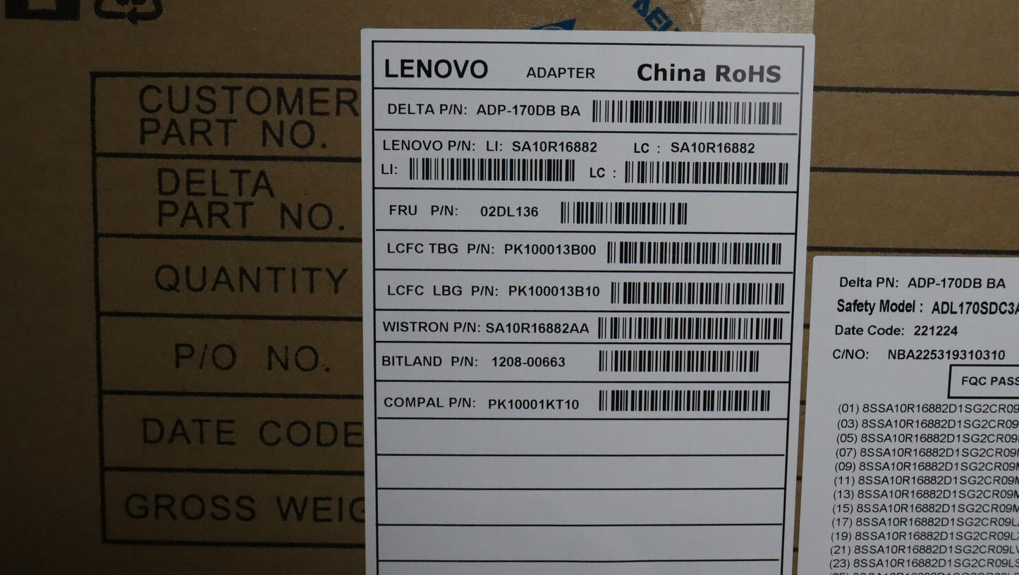 Lenovo AC Adapter, Rectangle, 170W, 3-Prong, Black - 02DL136