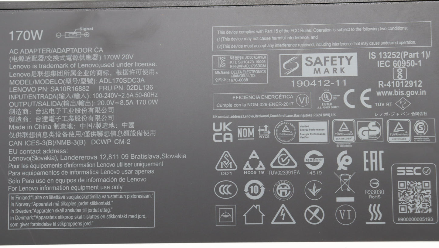 Lenovo AC Adapter, Rectangle, 170W, 3-Prong, Black - 02DL136