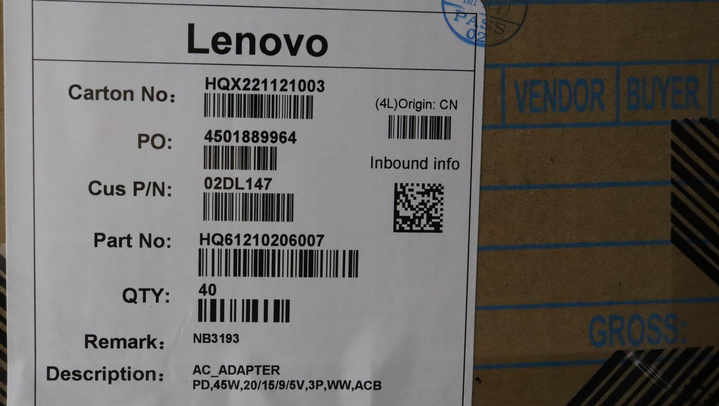 Lenovo AC Adapter, Type-C, 45W, 3-Pin, Black - 02DL147