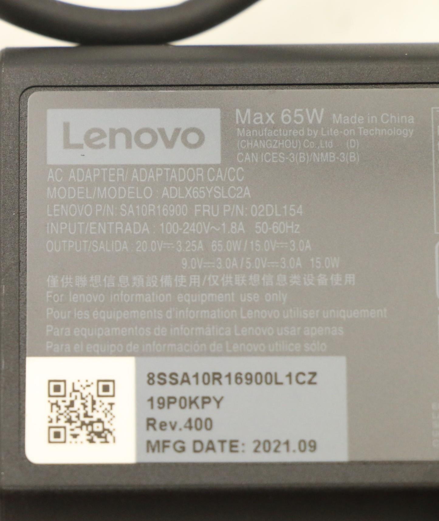Lenovo 65W Type-C AC Adapter, 2-Pin, Black - 02DL154