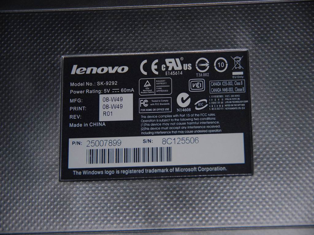 Lenovo Keyboard Liteon Lxh-Sk9292 Usb - 25007899