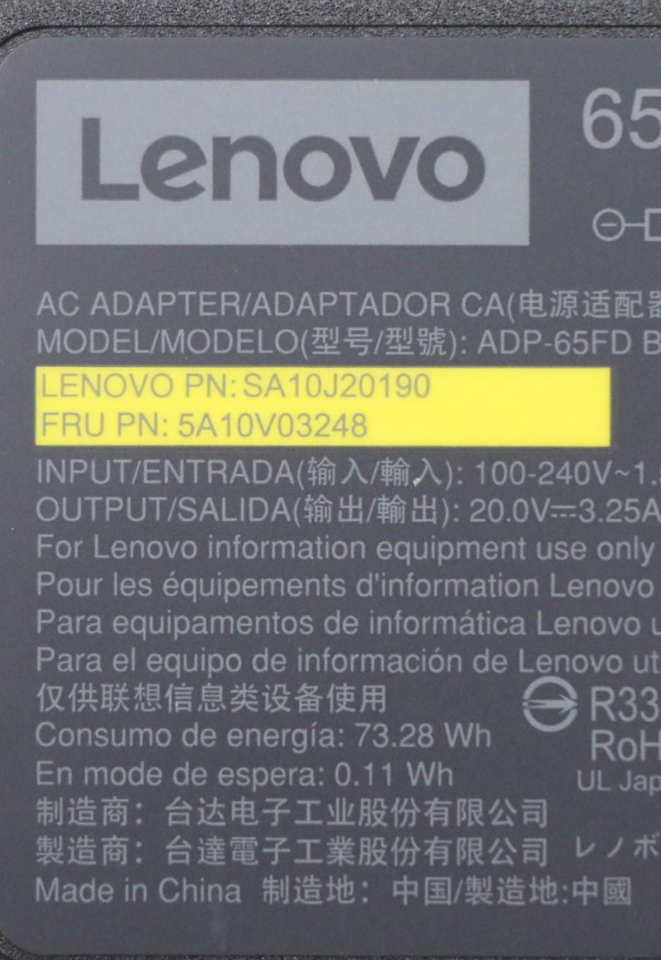 Lenovo 65W Rectangle AC Adapter, 3-Pin, Black - 5A10V03248