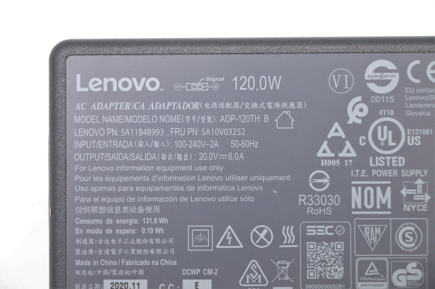 Lenovo 120W AC Adapter, 3-Prong, Rectangle, Black - 5A10V03252