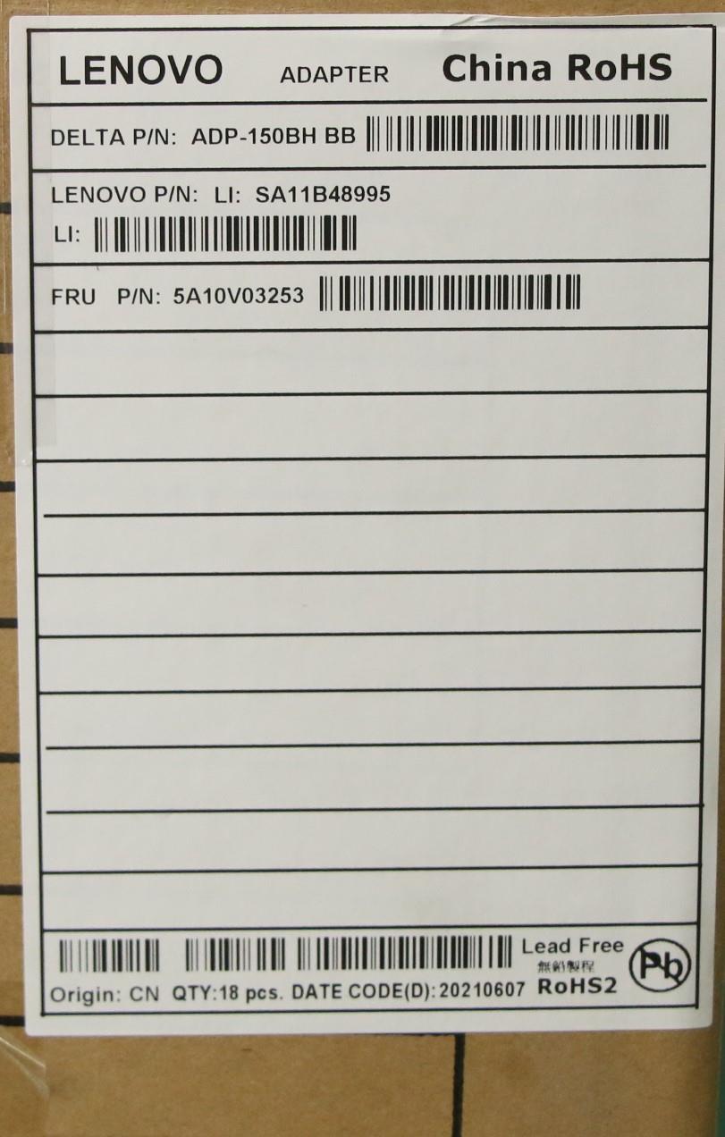 Lenovo 150W AC Adapter, Rectangle Connector, 3-Prong, Black - 5A10V03253