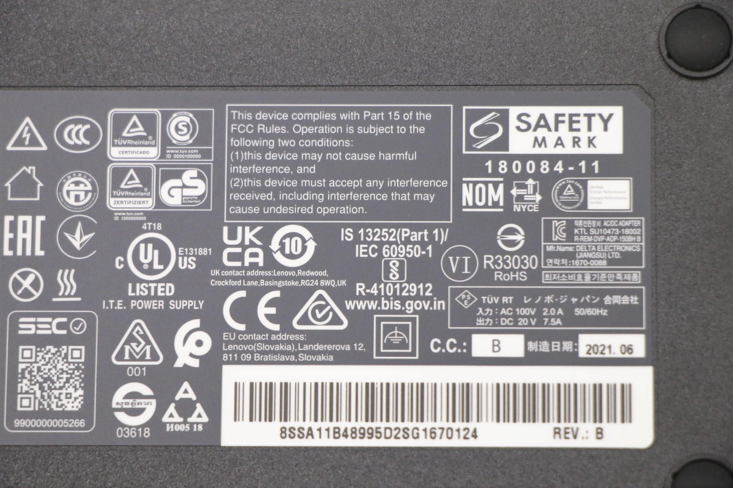 Lenovo 150W AC Adapter, Rectangle Connector, 3-Prong, Black - 5A10V03253