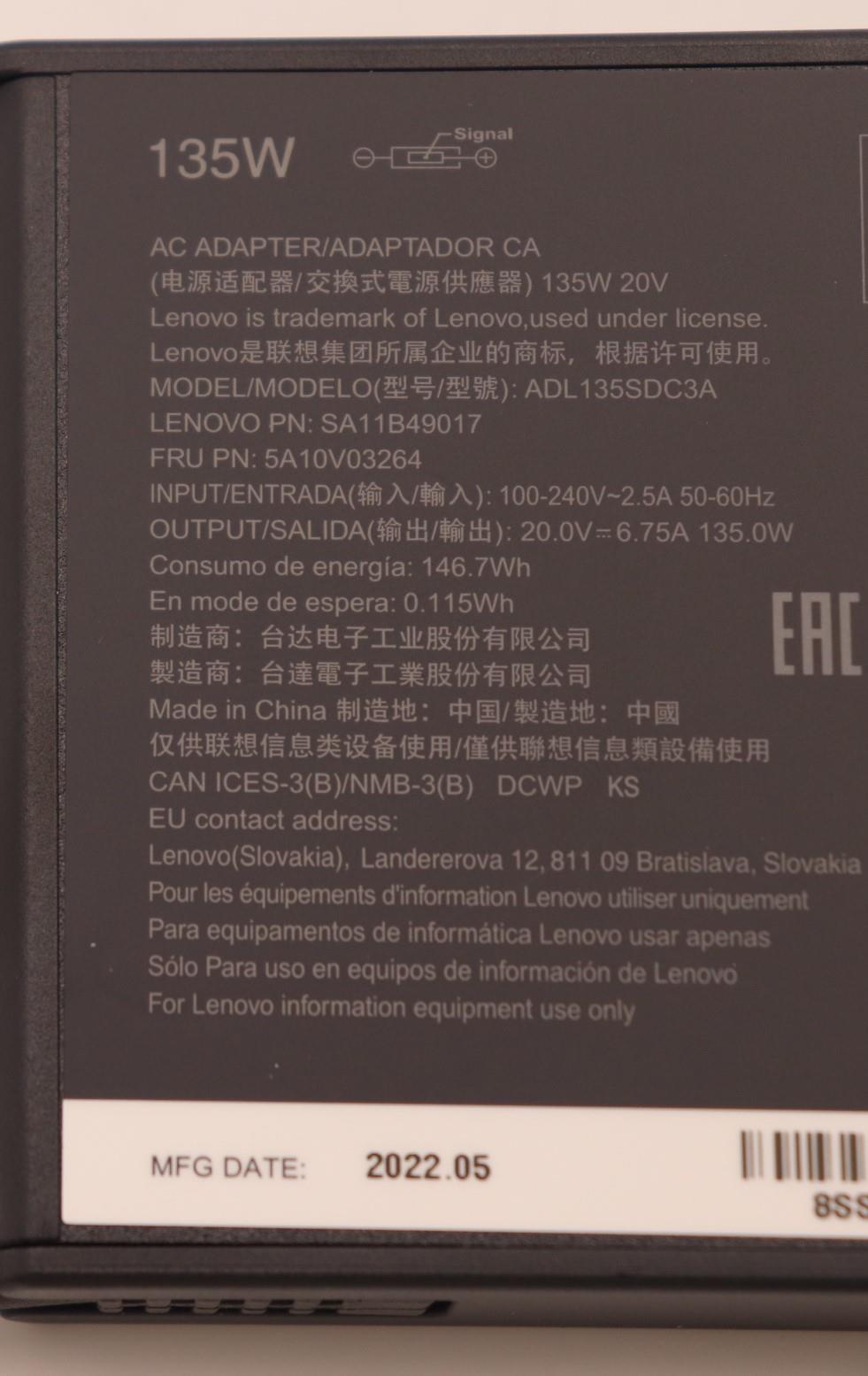 Lenovo 135W AC Adapter, Rectangle Plug, Black - 5A10V03264