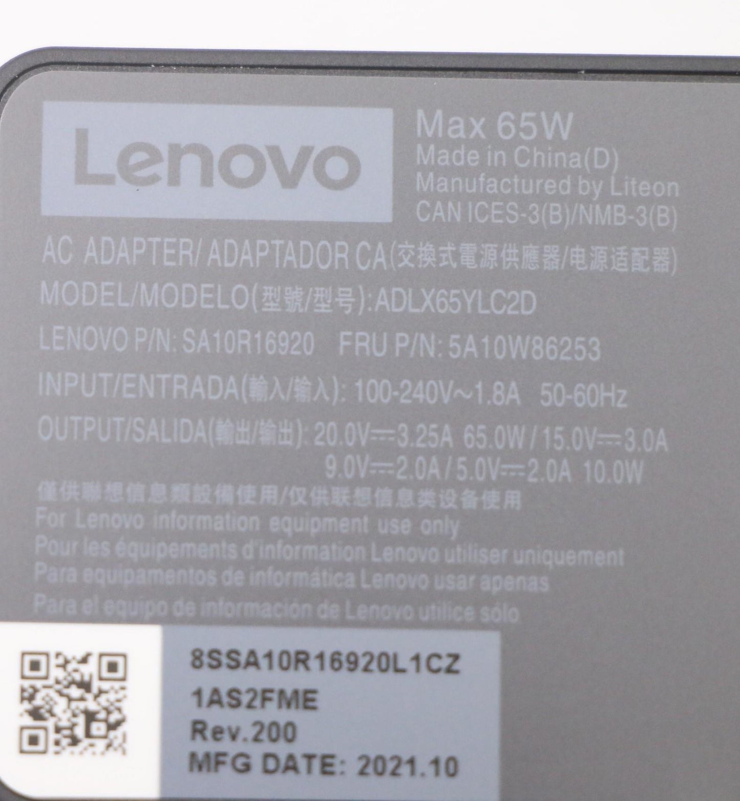 Lenovo AC Adapter, Type-C, 65W, 2-Pin, Black - 5A10W86253