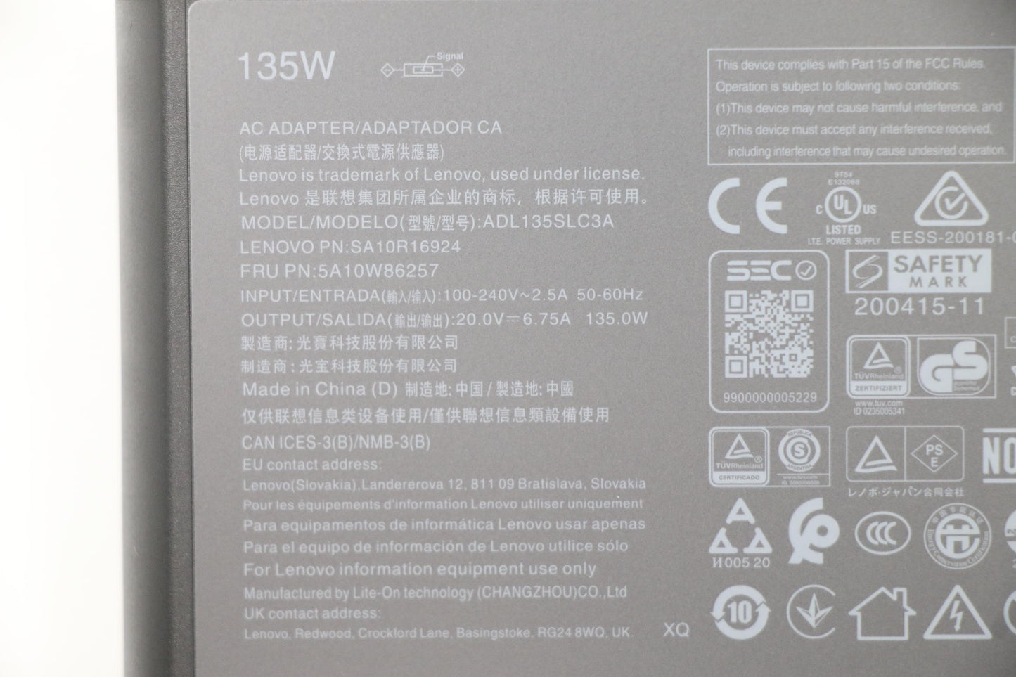 Lenovo AC Adapter, Rectangle, 135W, 3-Pin, Black - 5A10W86257