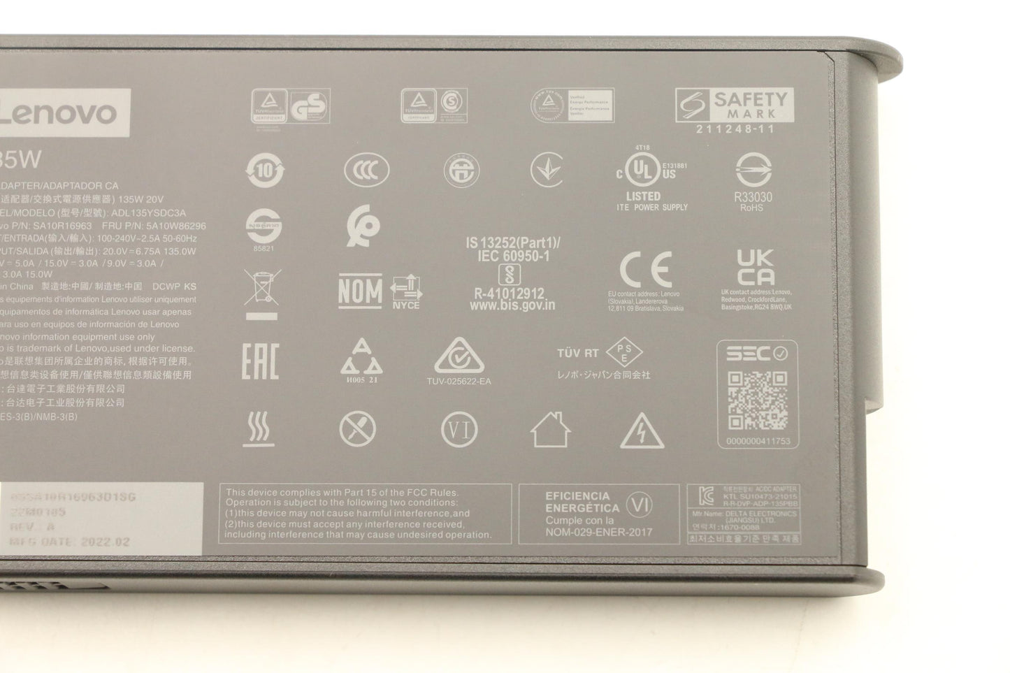 Lenovo AC Adapter, Type-C, 135W, 3-Prong, Black - 5A10W86296