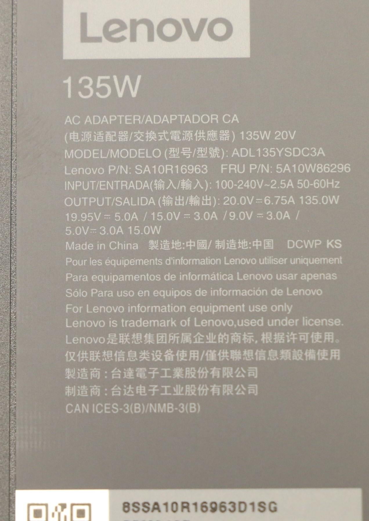 Lenovo AC Adapter, Type-C, 135W, 3-Prong, Black - 5A10W86296