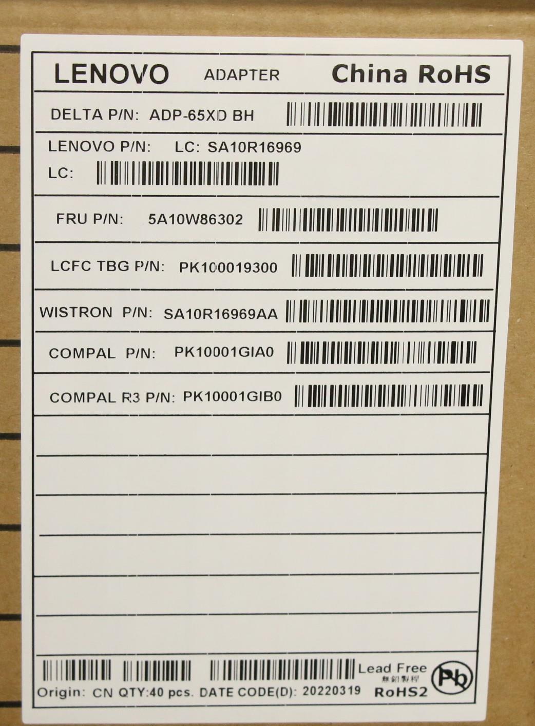 Lenovo 65W Type-C AC Adapter, 3-Prong, Black - 5A10W86302