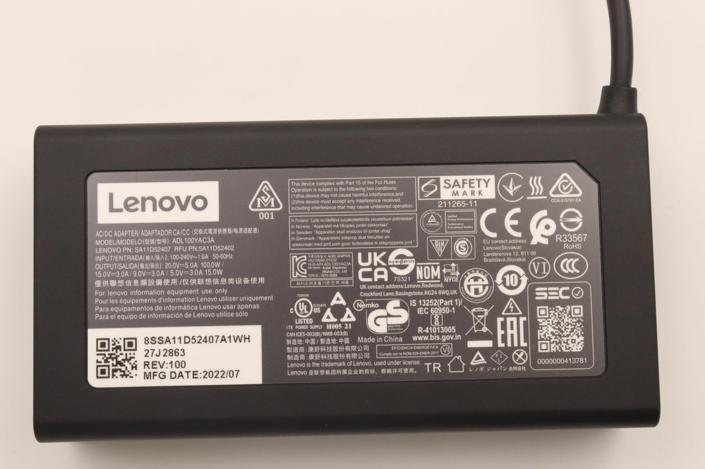 Lenovo Type-C AC Adapter, 100W, 3-Prong, Black - 5A11D52402