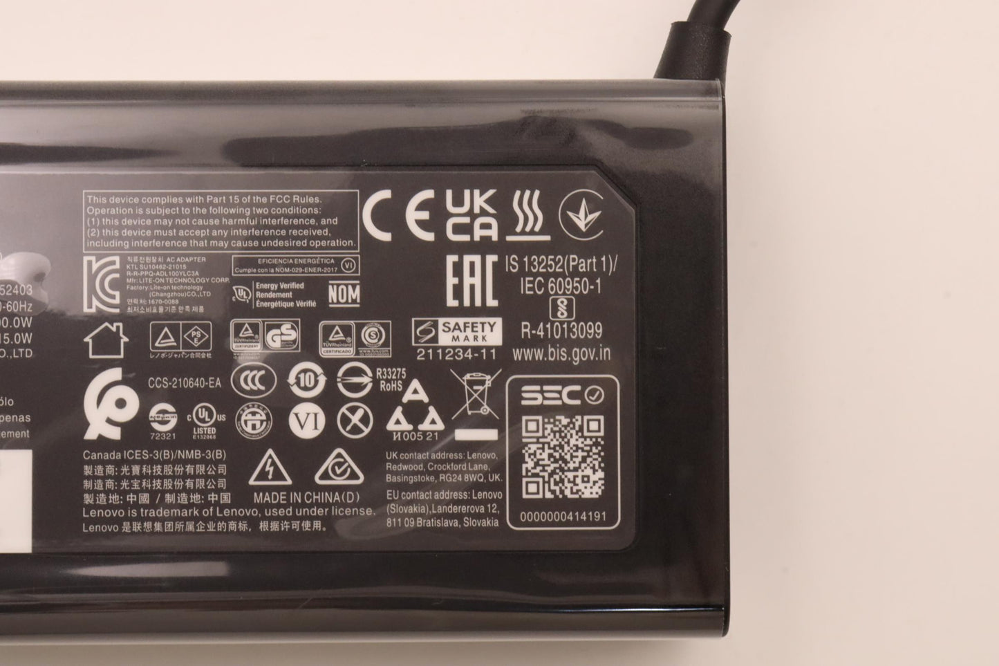 Lenovo 100W USB-C Power Adapter, 3-Prong, Black - 5A11D52403