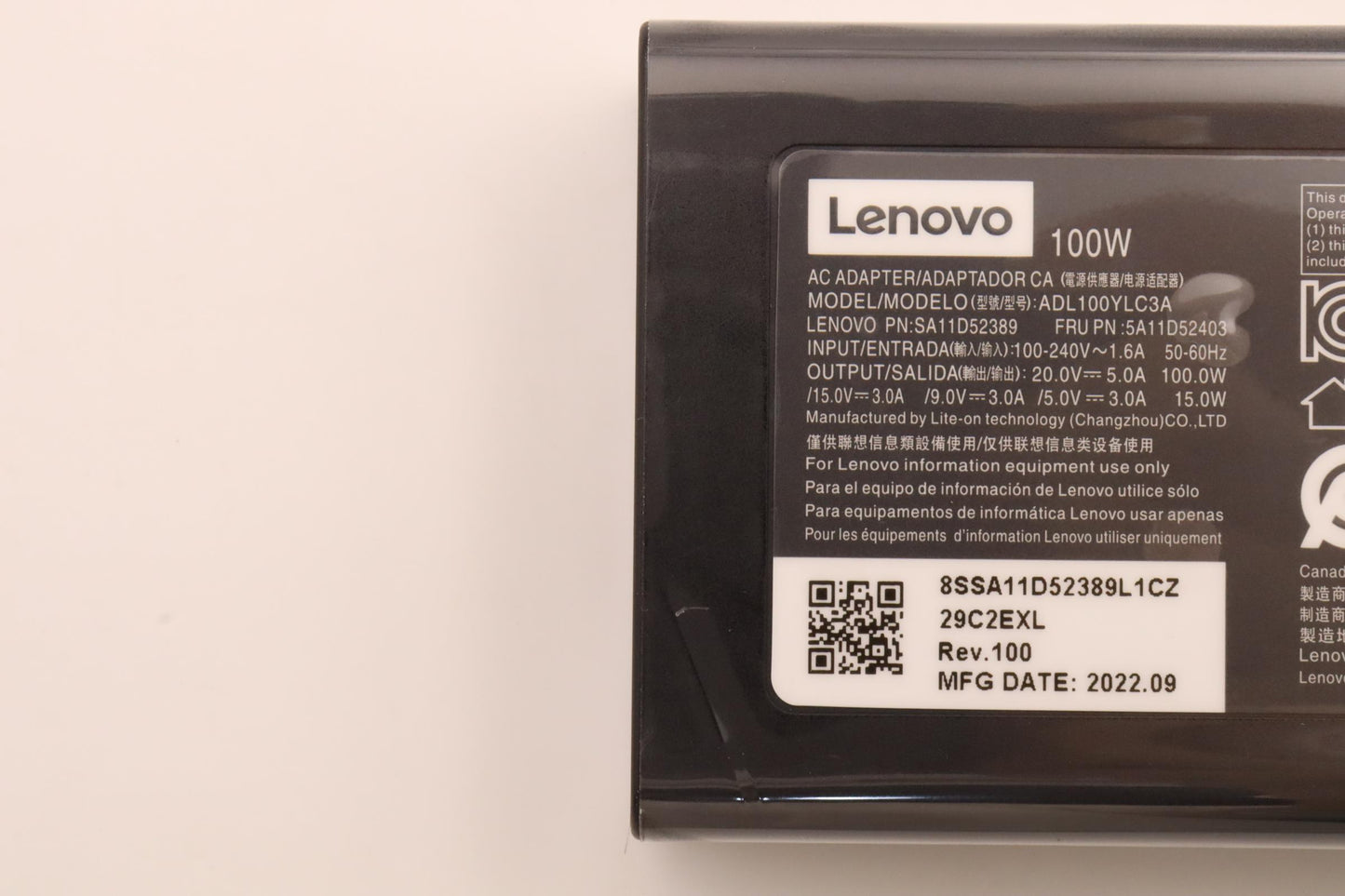 Lenovo 100W USB-C Power Adapter, 3-Prong, Black - 5A11D52403