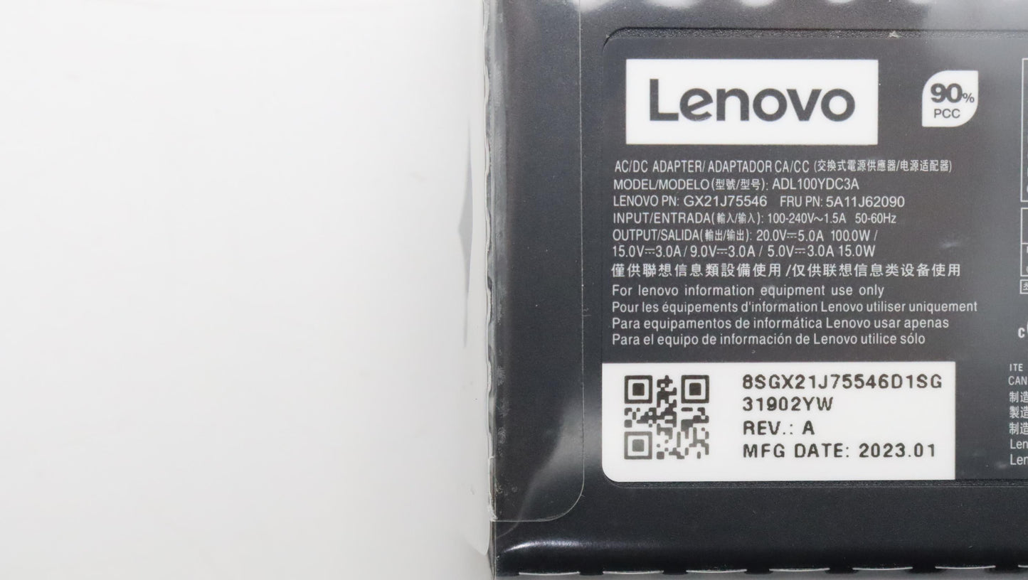 Lenovo 100W AC Adapter, Type-C, 3-Pin, Black - 5A11J62090