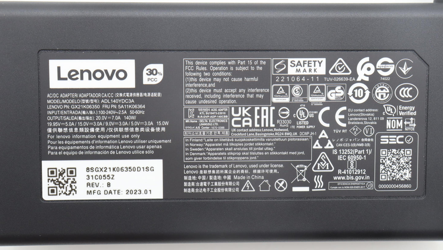 Lenovo Type-C AC Adapter, 140W, 3P, WW, Black - 5A11K06364