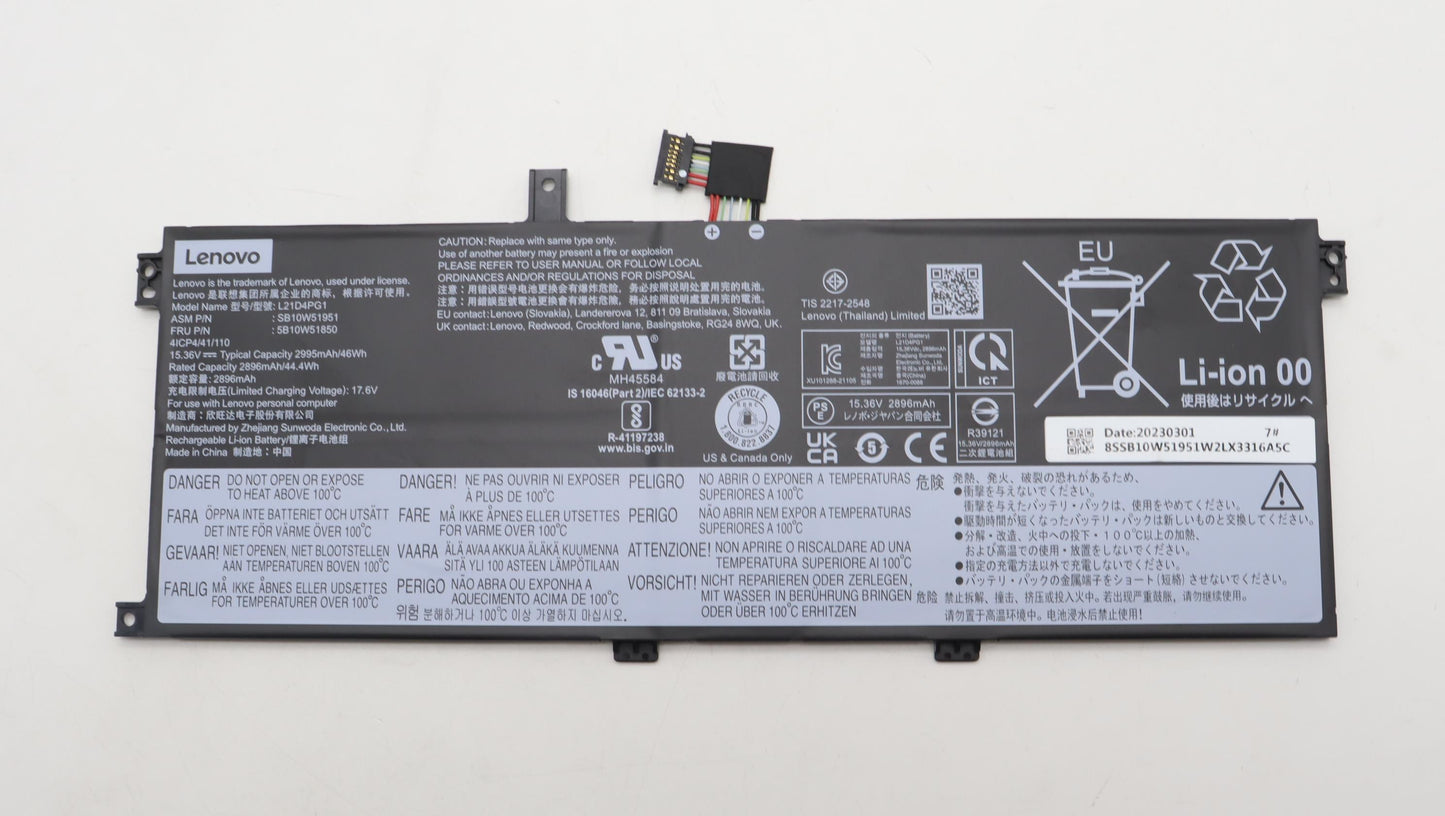 Lenovo Battery, 15.36V, 46Wh, 4-Cell, Rechargeable - 5B10W51850