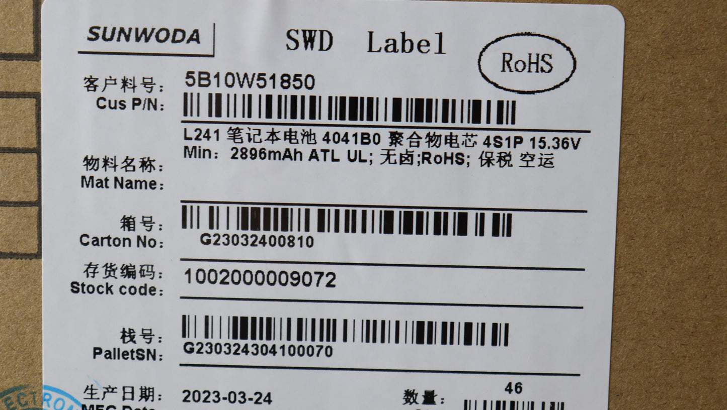 Lenovo Battery, 15.36V, 46Wh, 4-Cell, Rechargeable - 5B10W51850