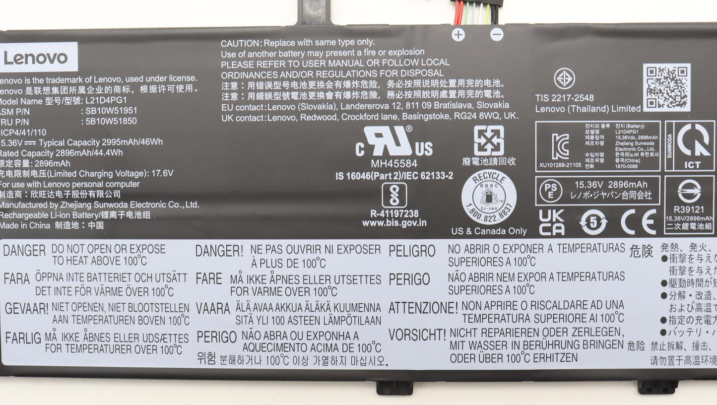 Lenovo Battery, 15.36V, 46Wh, 4-Cell, Rechargeable - 5B10W51850