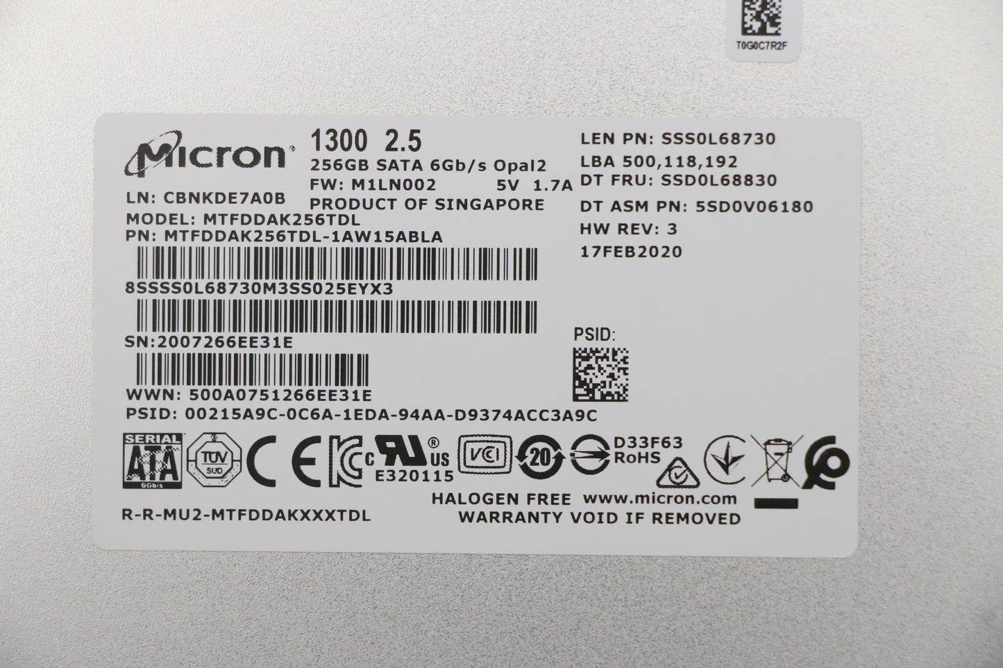 Lenovo 256GB SSD, 2.5", SATA, 7mm, OPAL Compatible, Micron - SSD0L68830