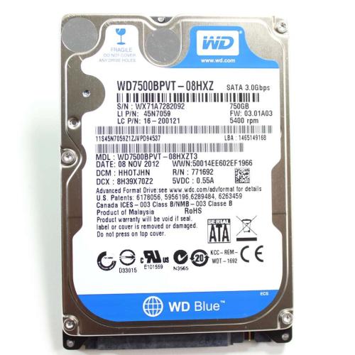 Lenovo Western Digital HDD, 750GB, 5.4k RPM, 9.5mm, 2.5" - 16200121
