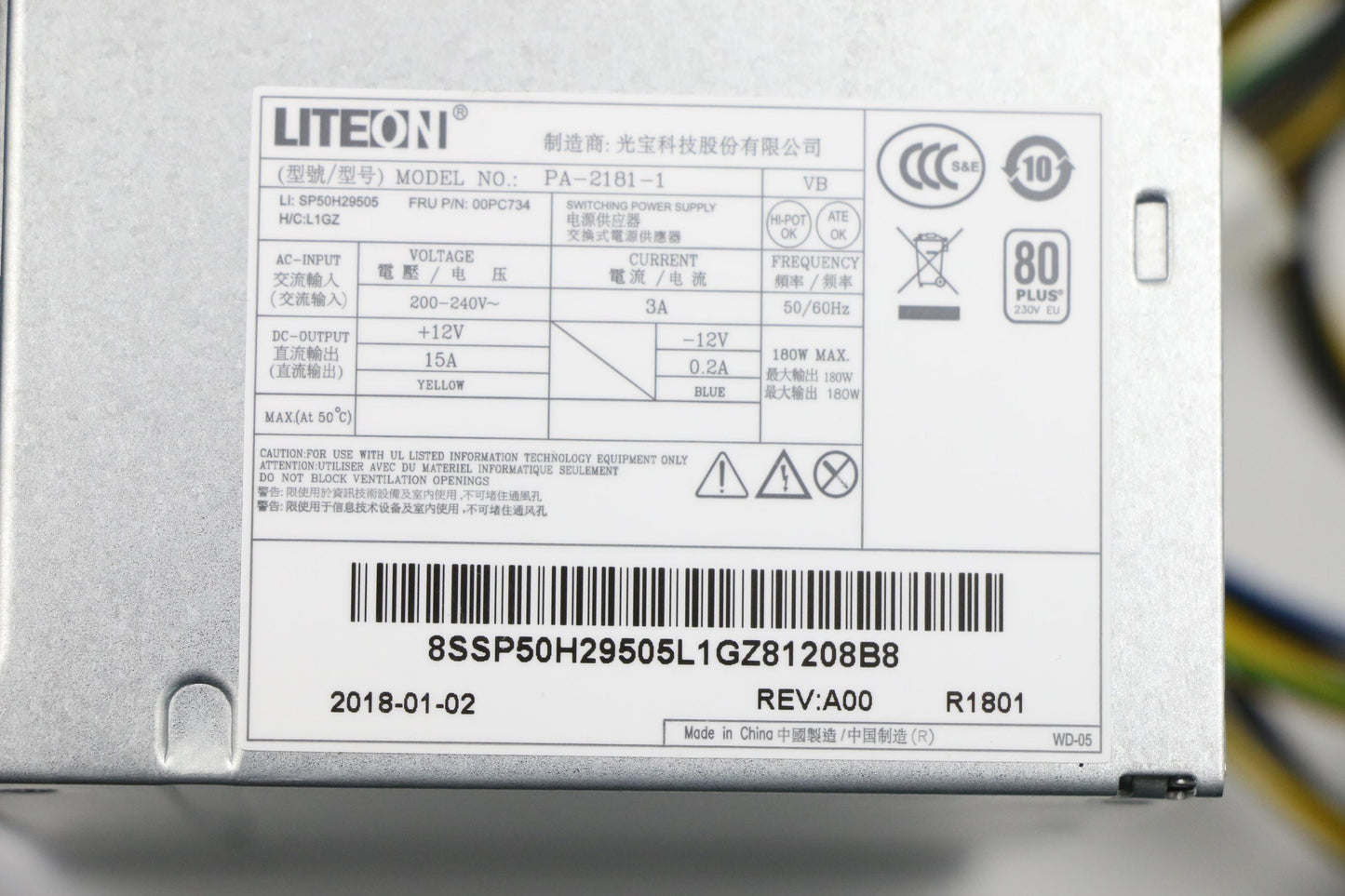 Lenovo 200-240Vac,Ps3 Lc 180W Psu - 00PC734
