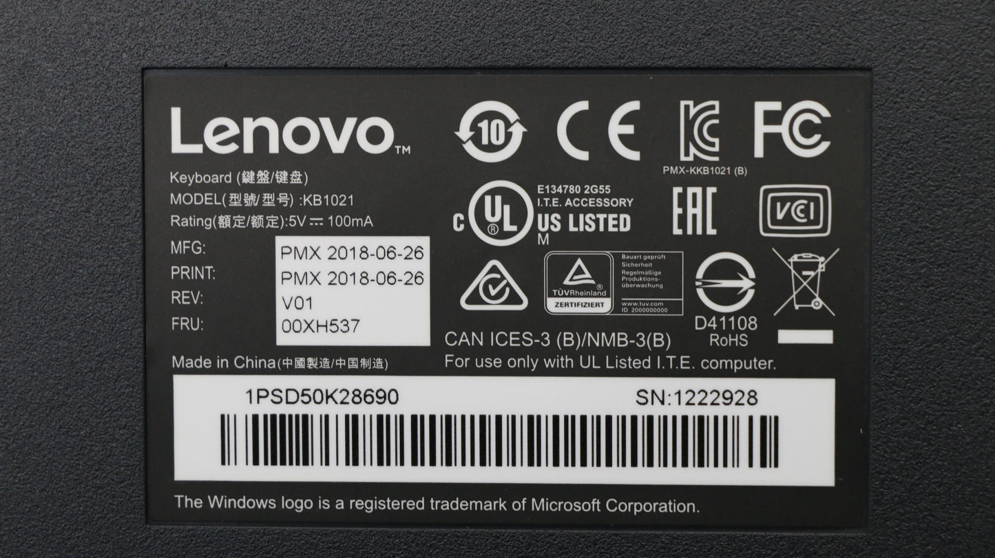 Lenovo (00XH537) USB External Keyboard, USA English, Non-Backlit