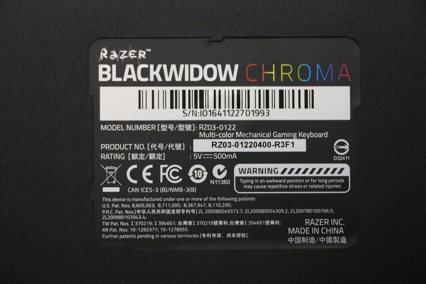 Lenovo 01FJ019 Razerblackwidowchromak/B