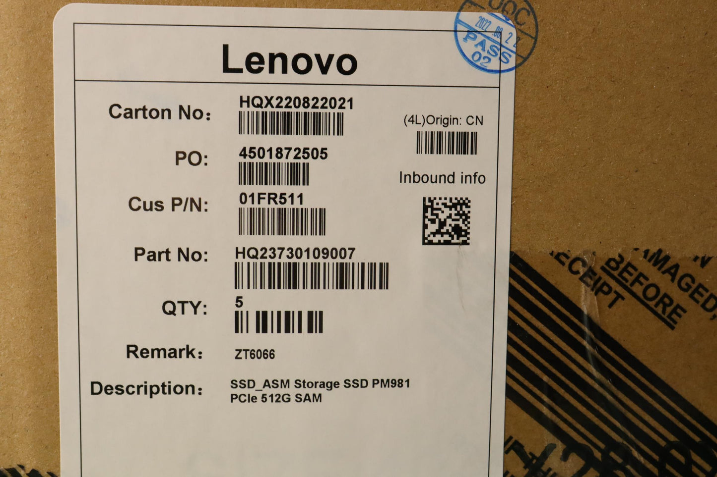 Lenovo (01FR511) 512GB M.2 SSD, 2280, PCIe 3.0 x4, Samsung