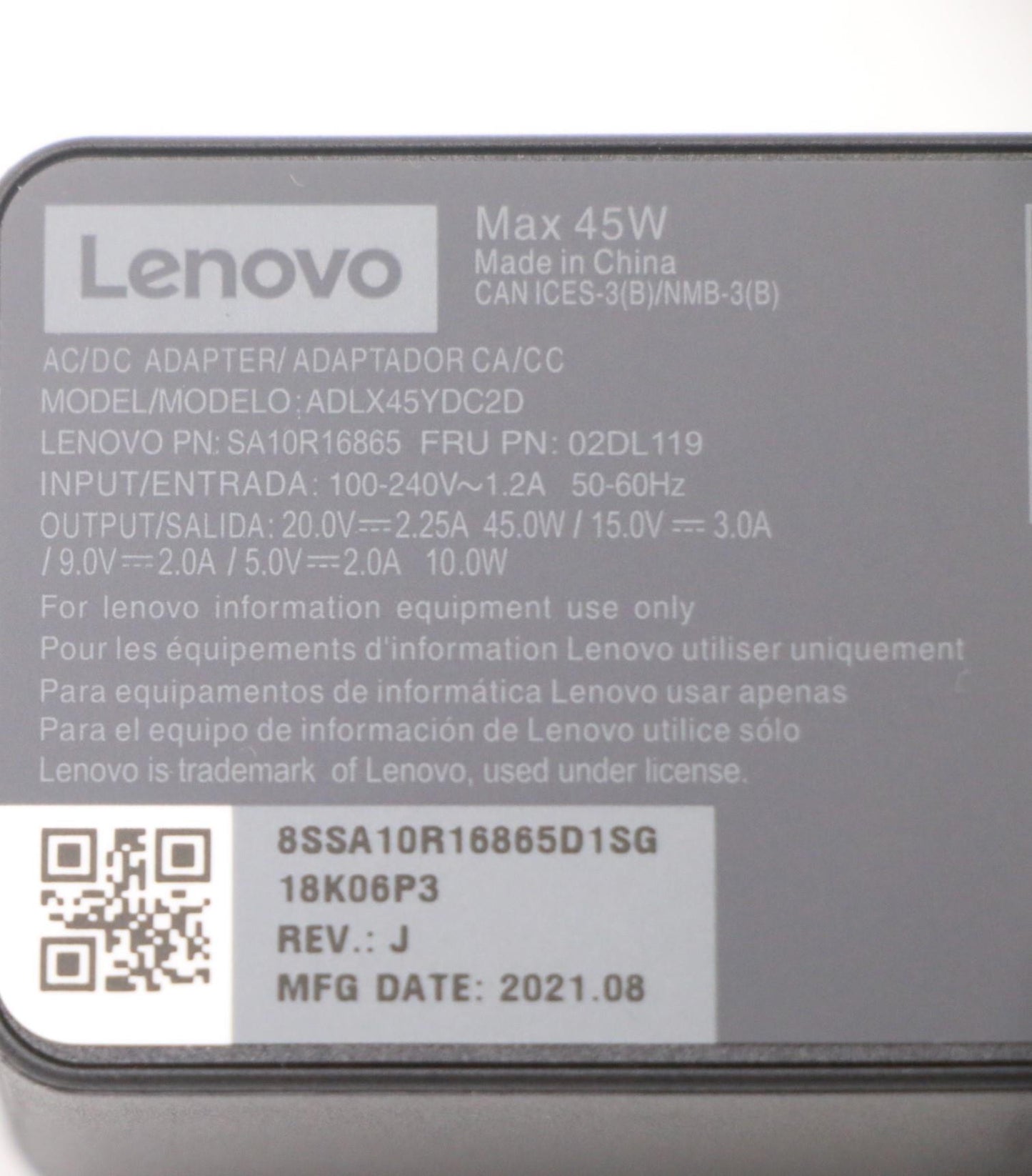 Lenovo (02DL119) 45W USB-C Power Adapter, 2-Prong, Black