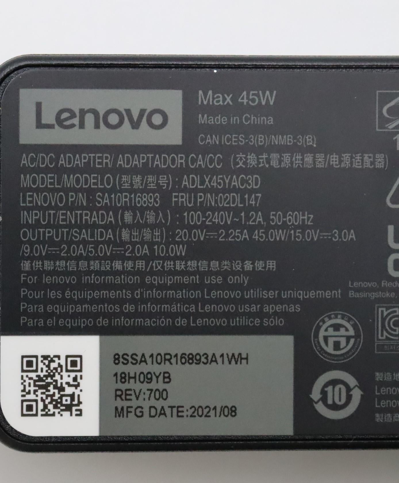 Lenovo (02DL147) AC Adapter, Type-C, 45W, 3-Pin, Black