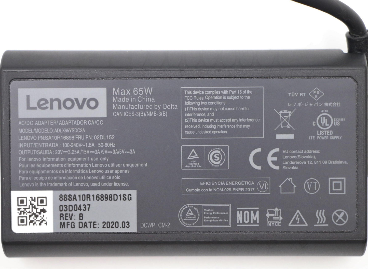 Lenovo (02DL152) AC Adapter, Type-C, 65W, 2P, Black