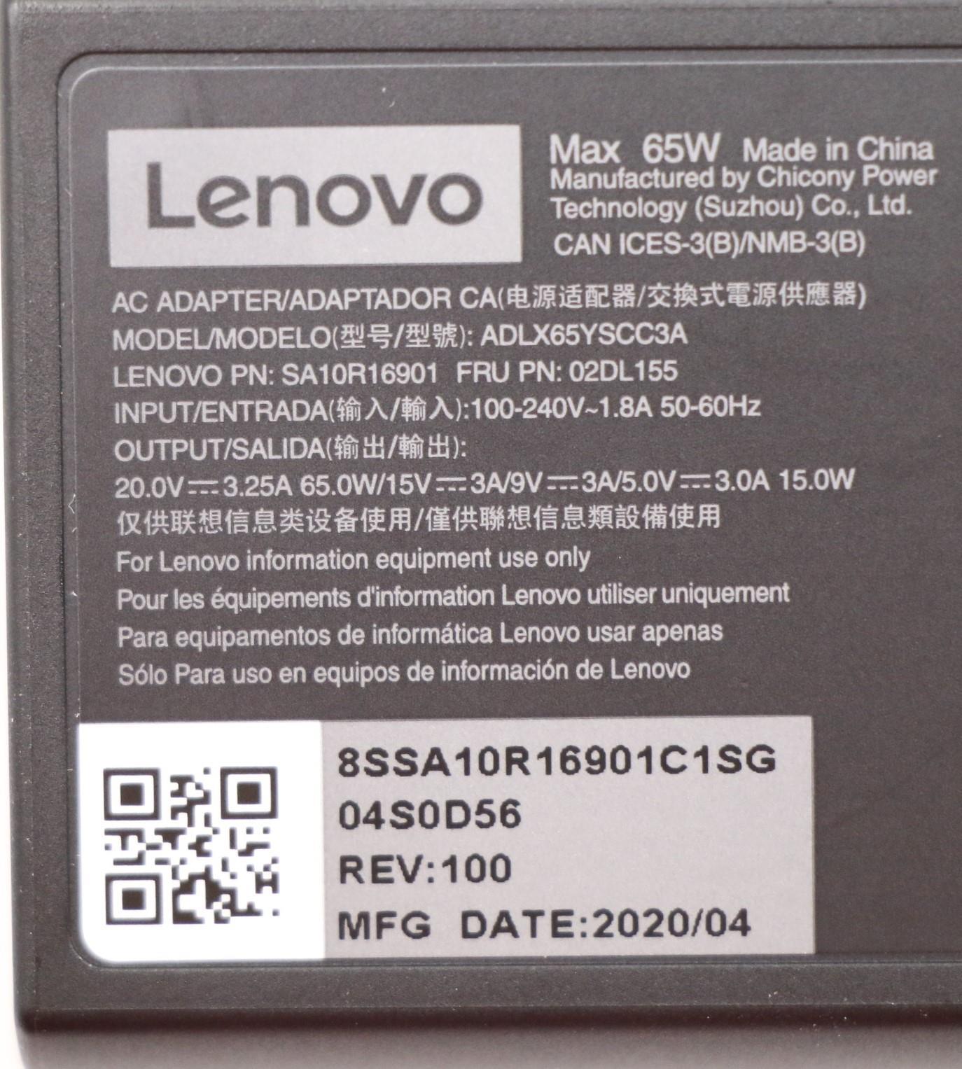 Lenovo (02DL155) - AC_ADAPTER, Type-C, 65W, 3P, Black