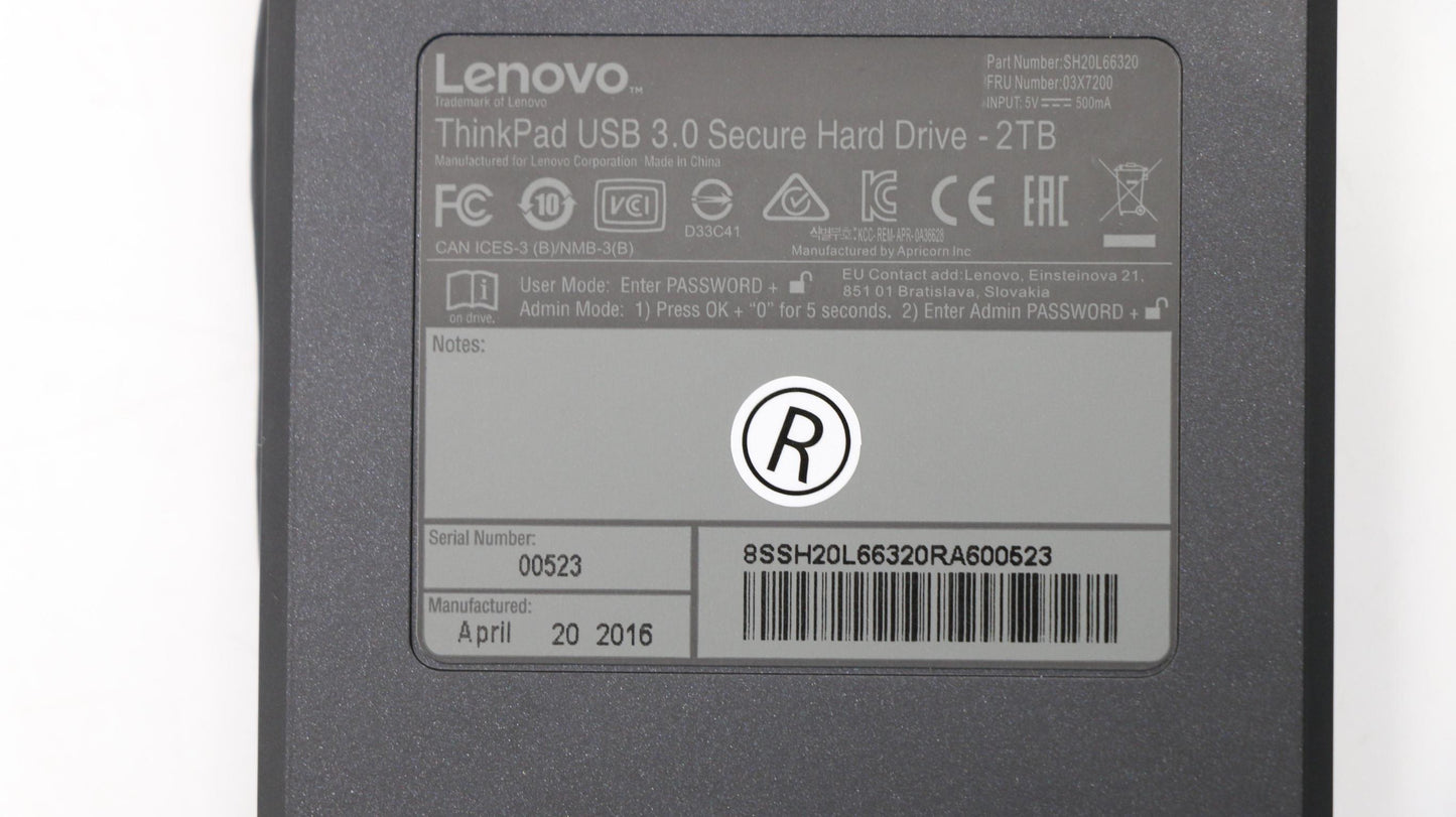 Lenovo 03X7200 Hdd Bo Fru For Tp U3 Secure Hd