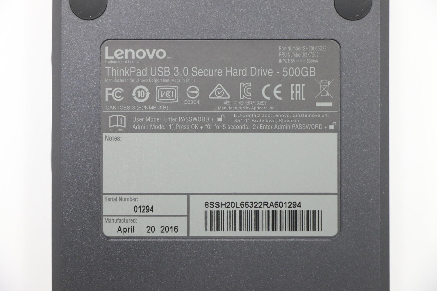 Lenovo 03X7202 Hdd Bo Fru For Tp U3 Securehdd